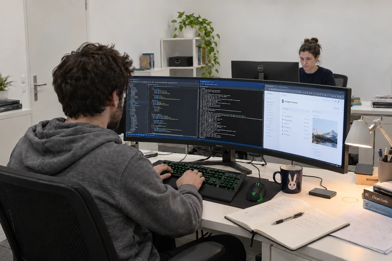 Softwareentwicklung an einem gebogenen Bildschirm mit Code, Kommandozeile und Anwendung