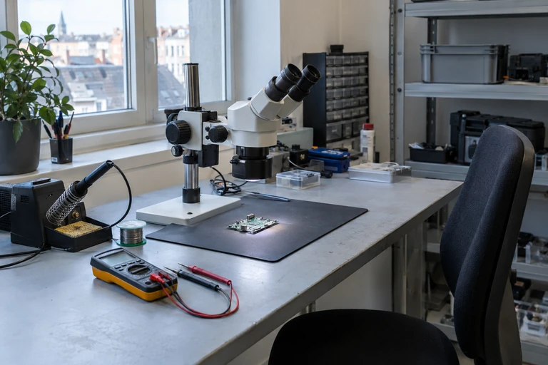 Elektronikarbeitsplatz mit Mikroskop, Platine und Messgerät