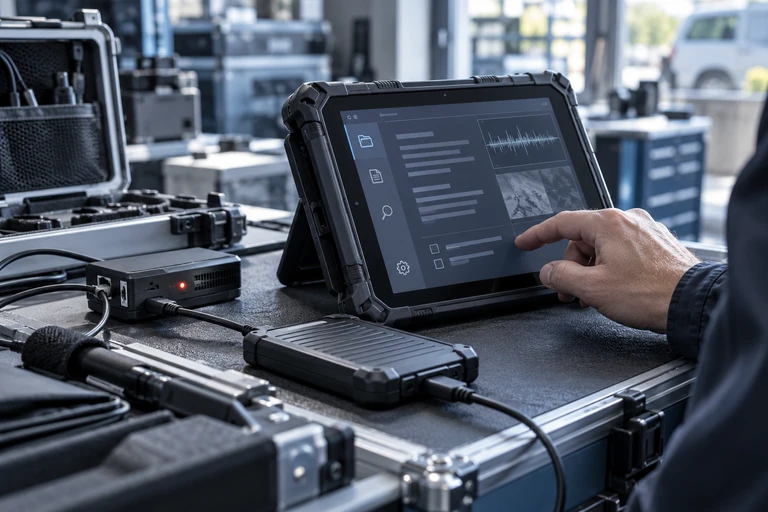 Robustes Tablet neben mobilen technischen Geräten und Transportkoffern