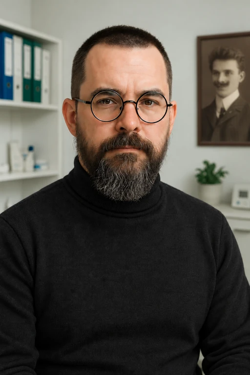 Mann mit Brille und schwarzem Rollkragenpullover in einem Büro